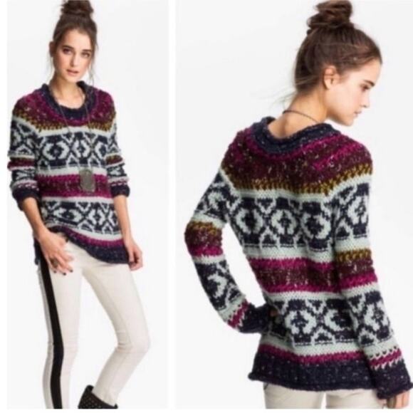 Free People Silver Reed Fair Isle Chunky Knit Sweater Size XS - Picture 2 of 10